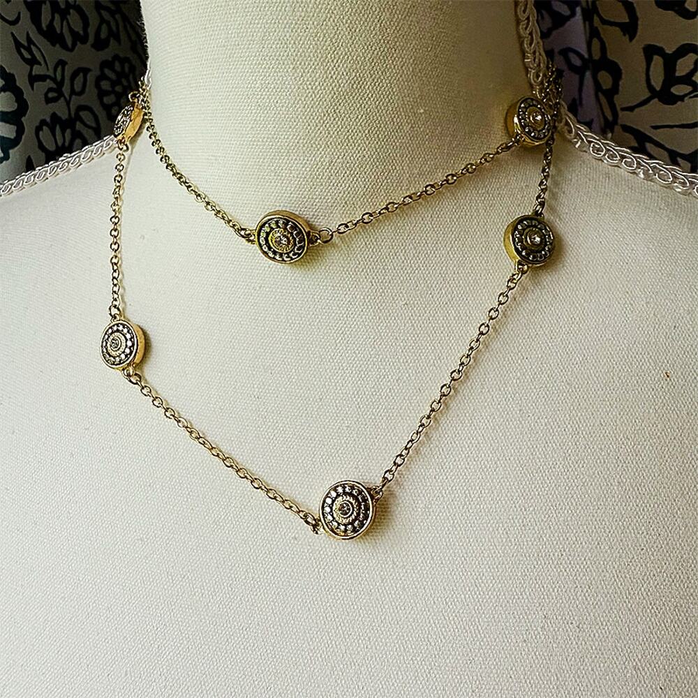 32" Soft Gold Disc/Circle Station Necklace w/Rhinestone Accents